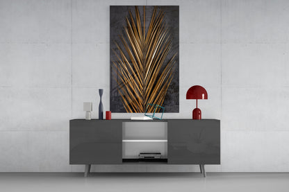 Golden Bronze Palm Frond Areca Bunch Glass Wall Art