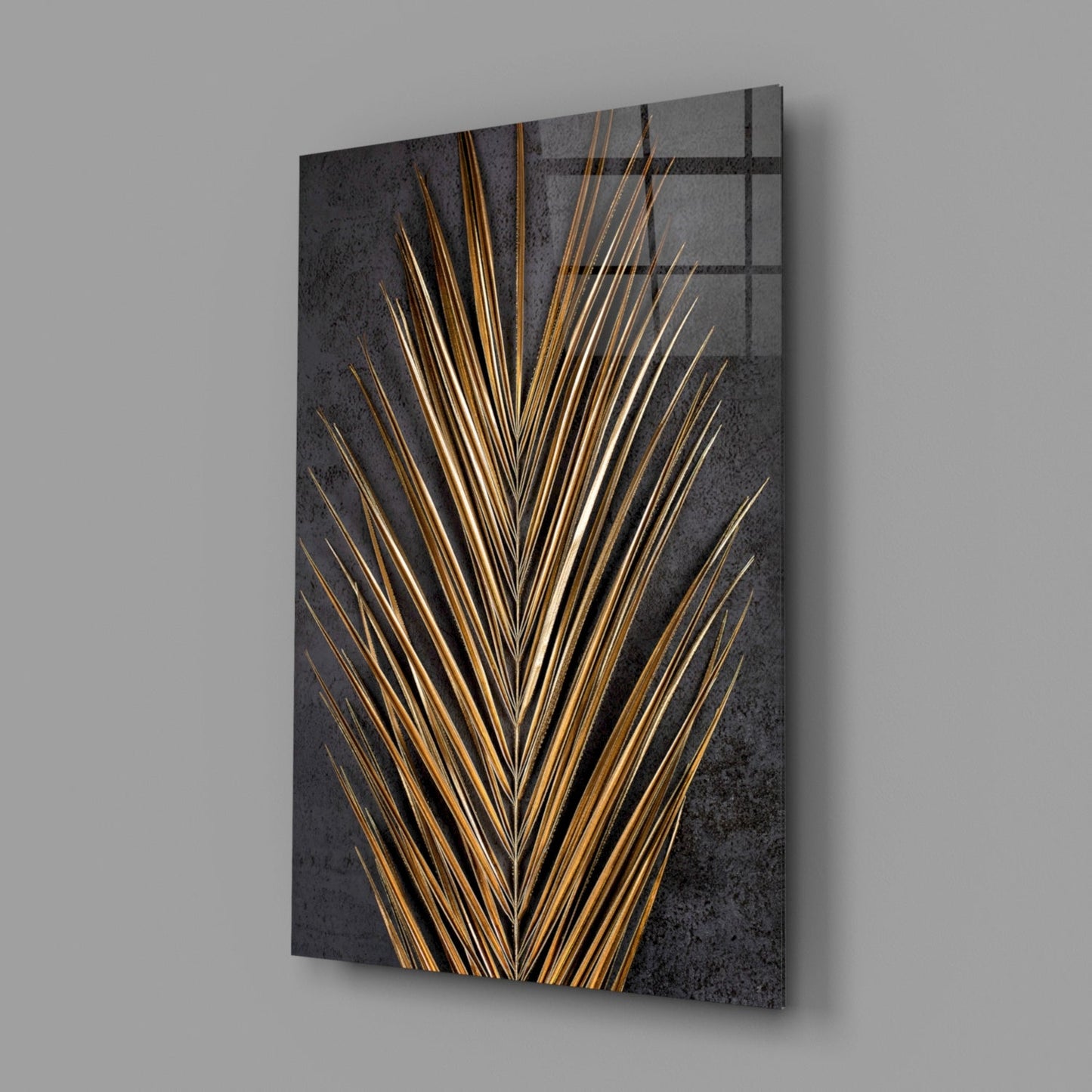 Golden Bronze Palm Frond Areca Bunch Glass Wall Art