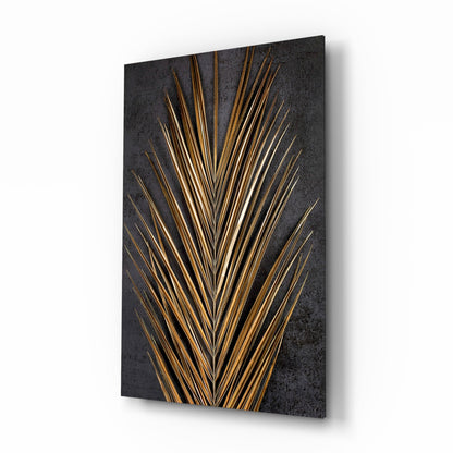 Golden Bronze Palm Frond Areca Bunch Glass Wall Art