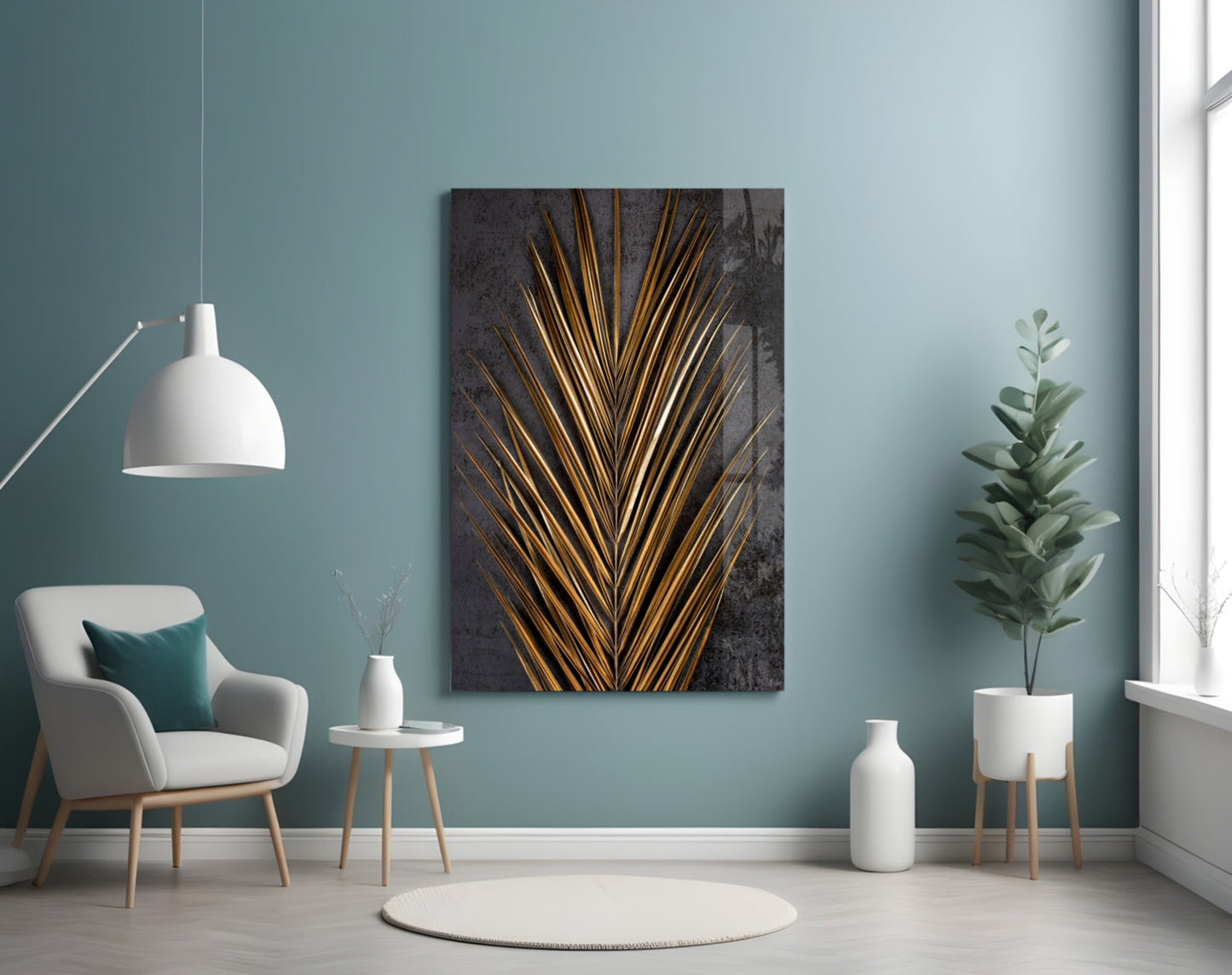 Golden Bronze Palm Frond Areca Bunch Glass Wall Art