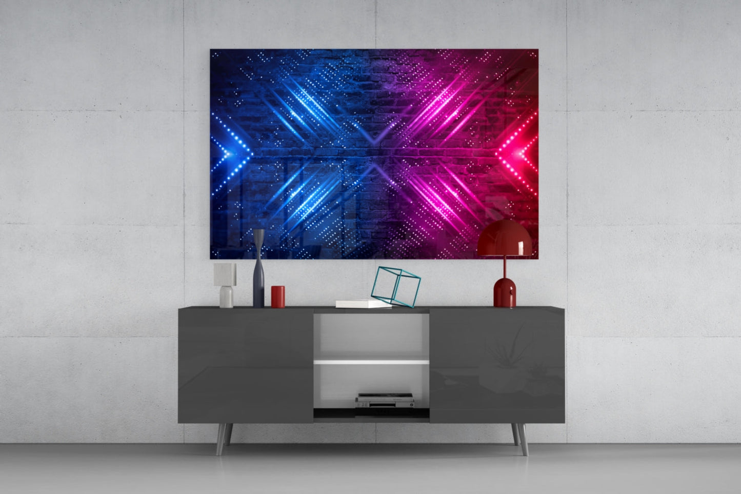 Neon Arrows on Brick Wall Glass Wall Art