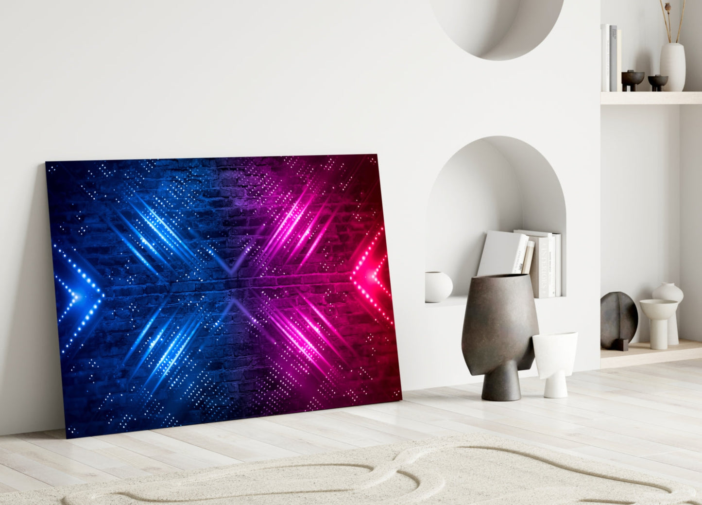 Neon Arrows on Brick Wall Glass Wall Art