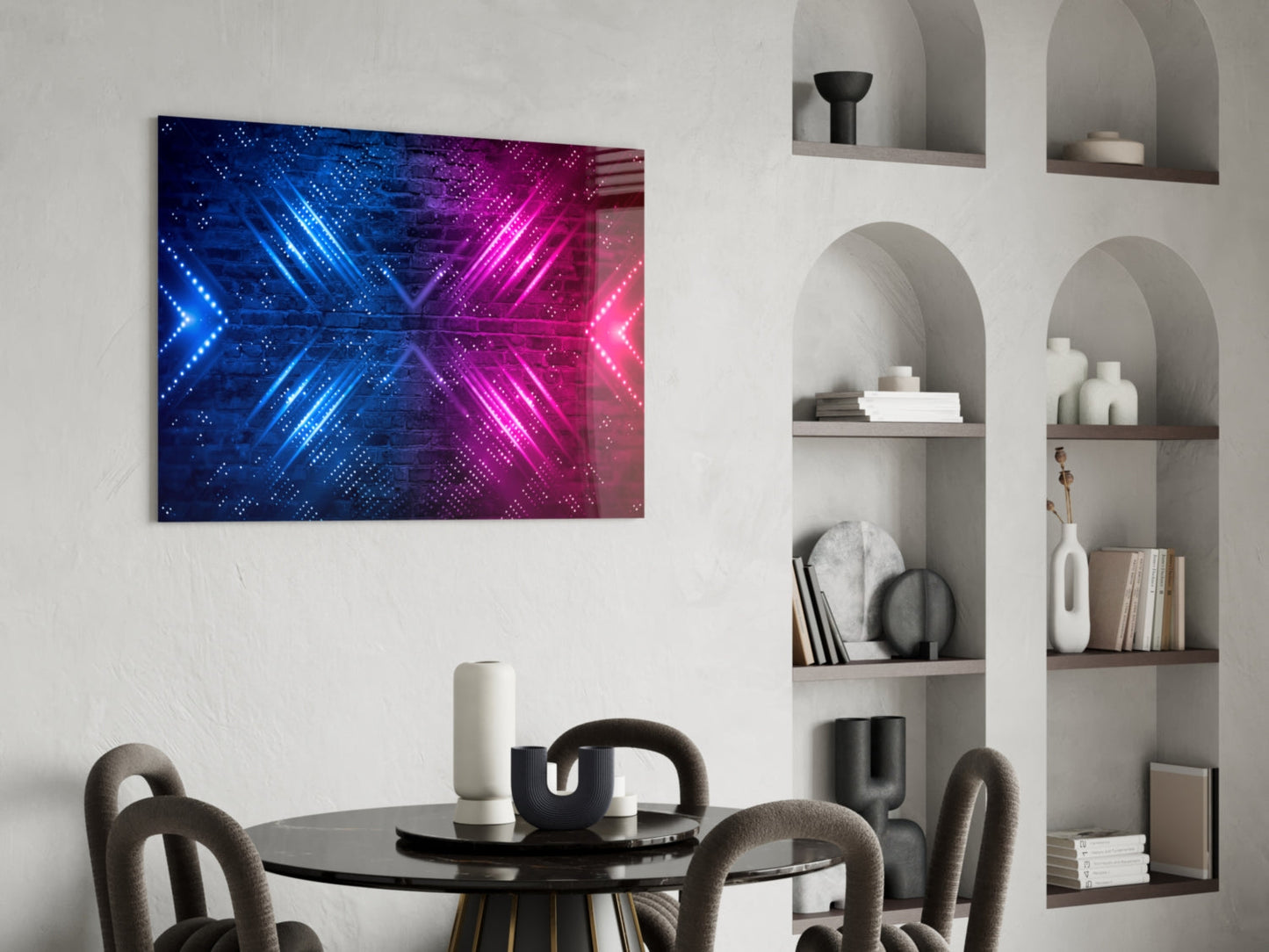 Neon Arrows on Brick Wall Glass Wall Art