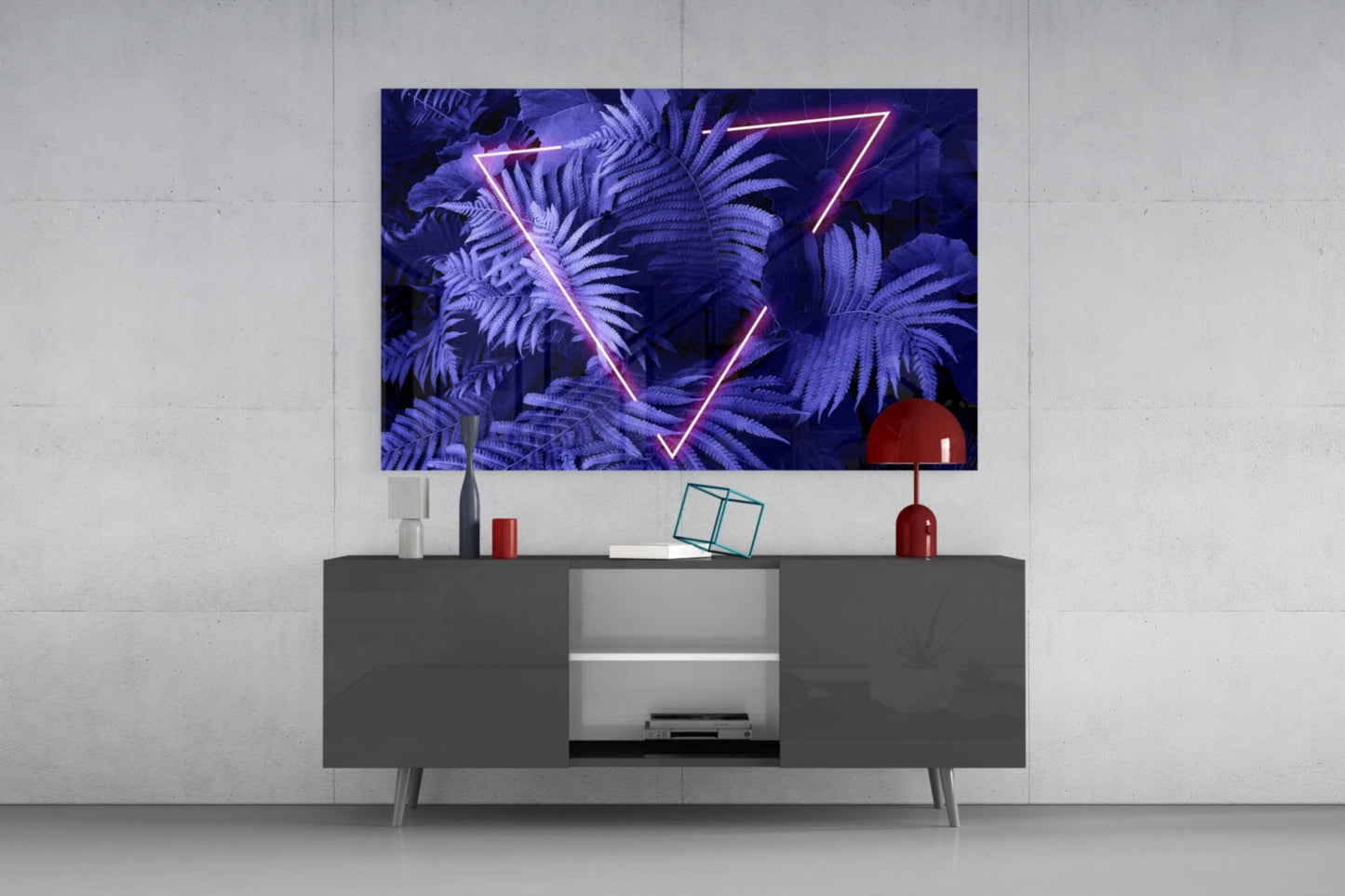 Purple Neon Triangle Ferns Glass Wall Art