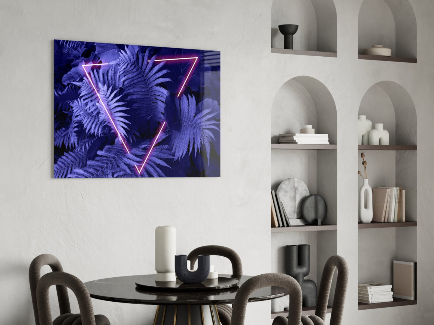 Purple Neon Triangle Ferns Glass Wall Art