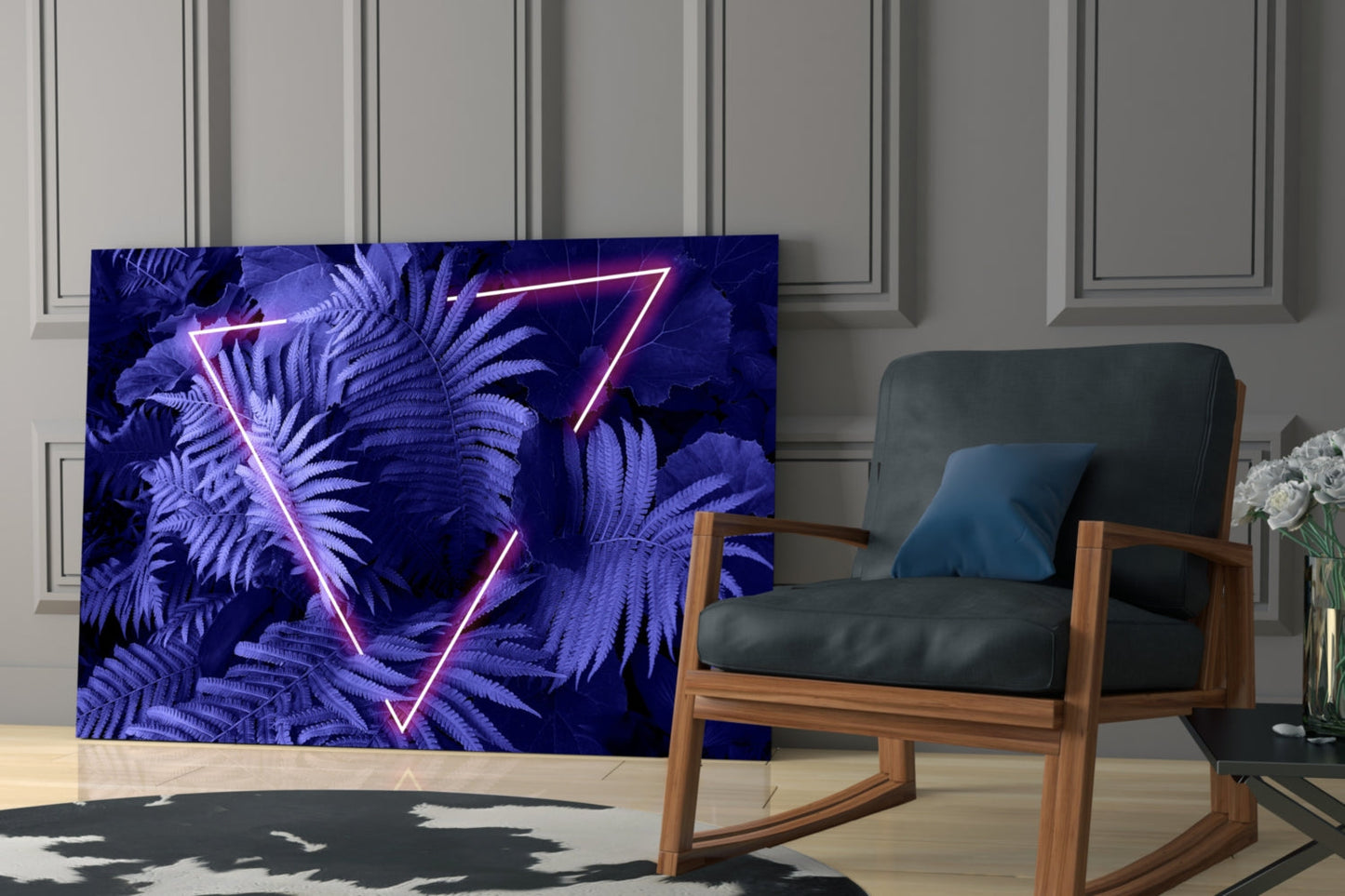 Purple Neon Triangle Ferns Glass Wall Art