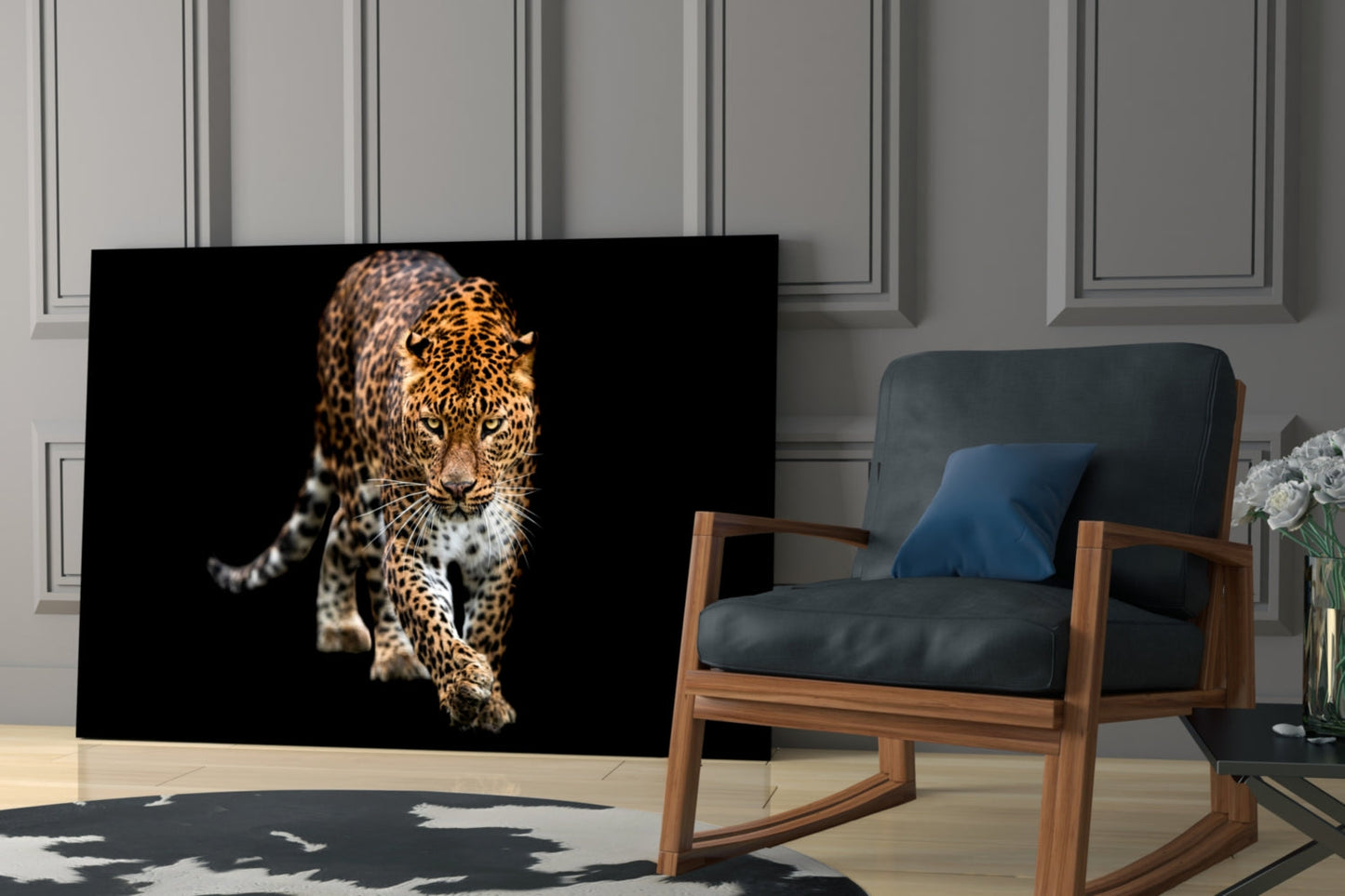 Prowling Leopard on Black Glass Wall Art