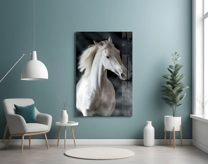 Flowing Mane White Stallion Glass Wall Art