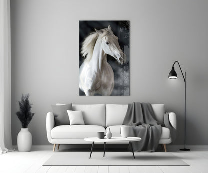 Flowing Mane White Stallion Glass Wall Art