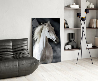 Flowing Mane White Stallion Glass Wall Art