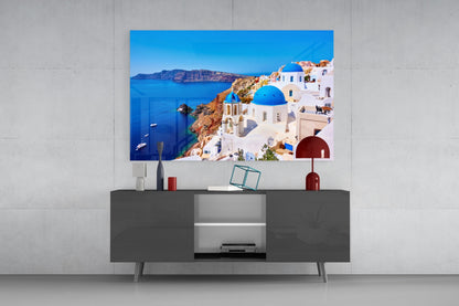 Blue Dome Church Caldera Santorini Glass Wall Art