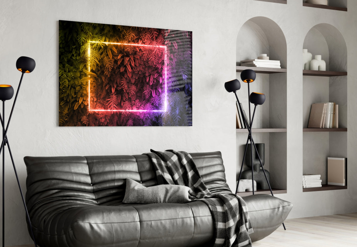 Rainbow Neon Square Foliage Glass Wall Art