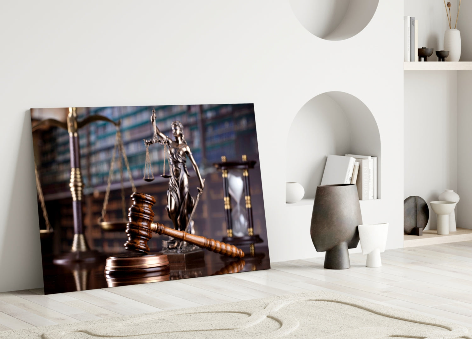 Glass wall art leaning against white wall displays wooden gavel, scales of justice, and law office background in warm brown and gold tones.