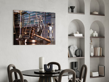 Glass wall art depicting a wooden gavel and Lady Justice statue displayed above a black dining table with grey chairs.