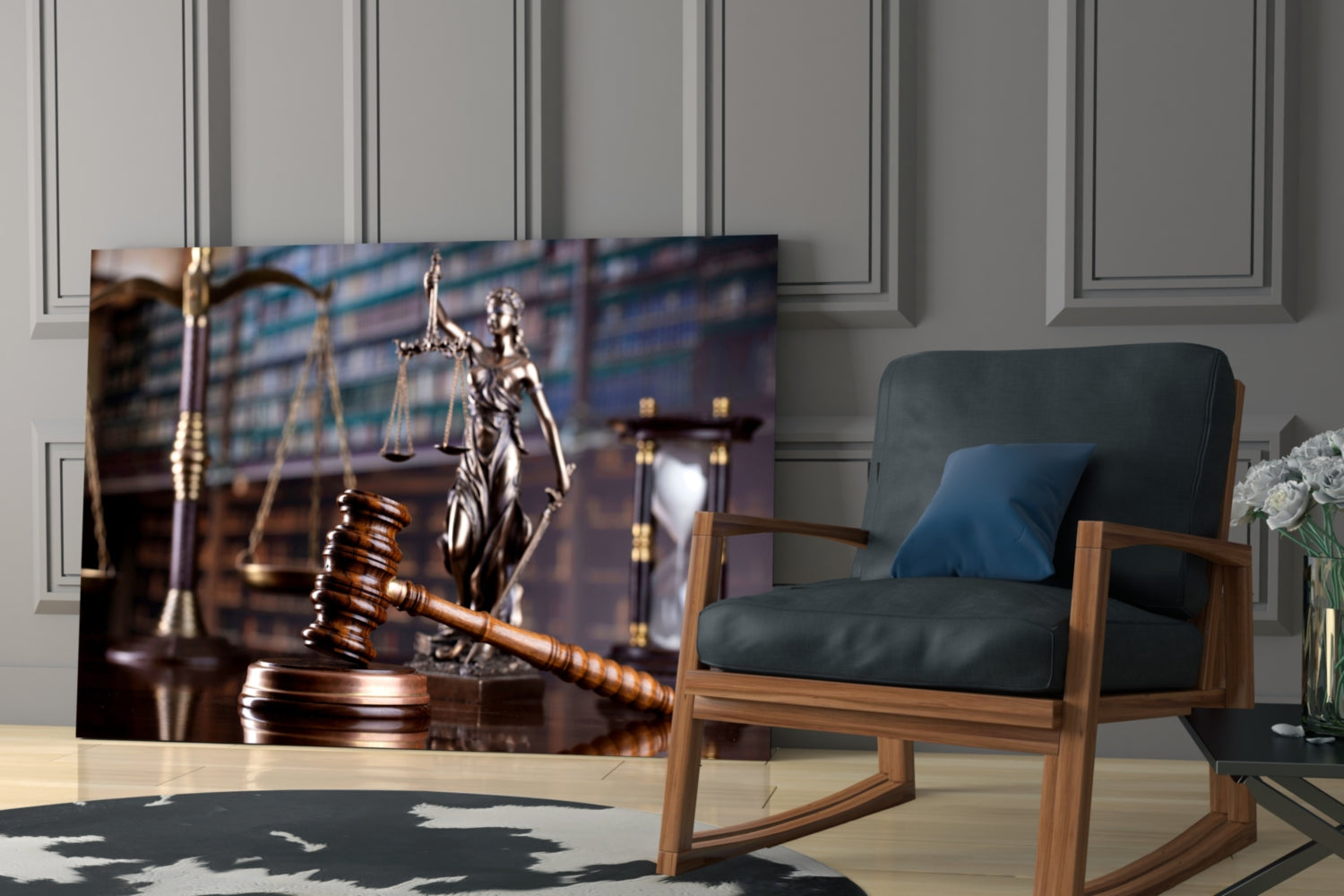 Gavel Of Justice Glass Wall Art displayed in modern office setting with wooden chair and paneled wall background.