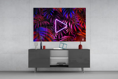 Neon Play Button Palms Glass Wall Art