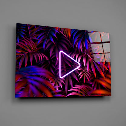 Neon Play Button Palms Glass Wall Art