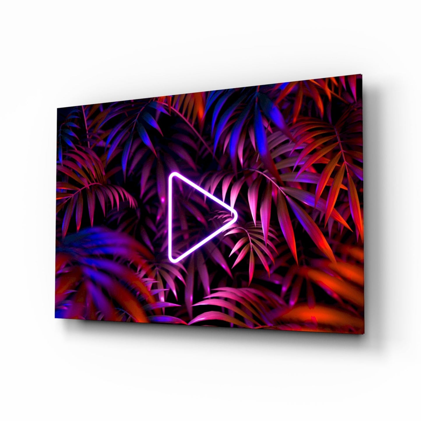 Neon Play Button Palms Glass Wall Art