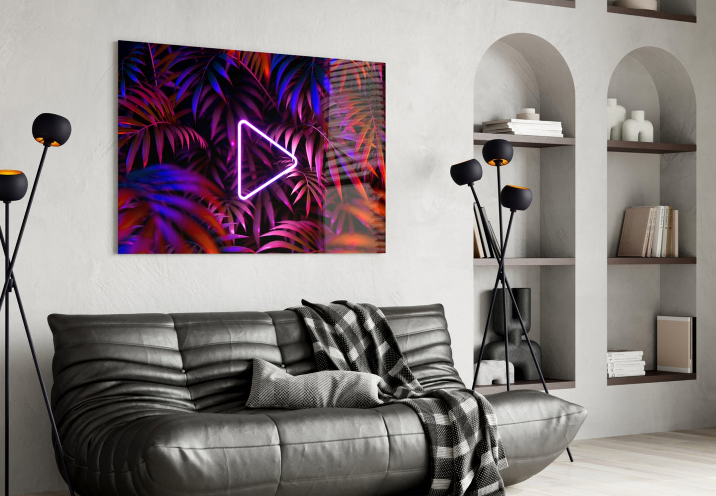 Neon Play Button Palms Glass Wall Art