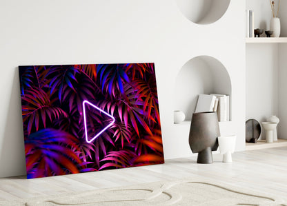Neon Play Button Palms Glass Wall Art