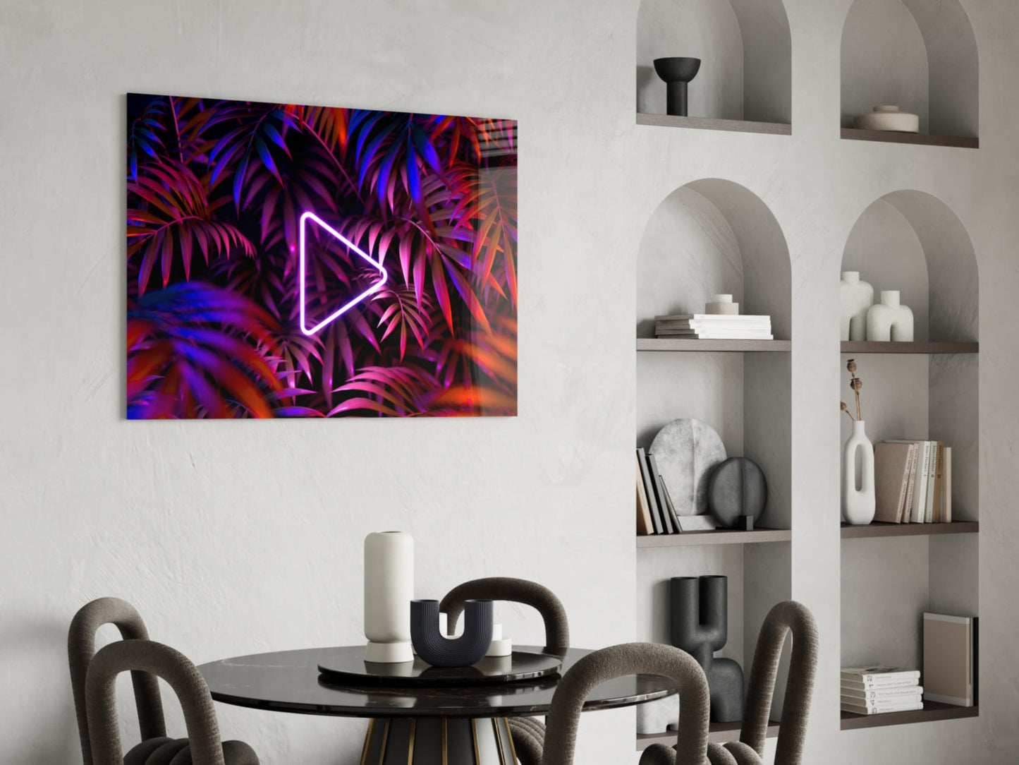 Neon Play Button Palms Glass Wall Art