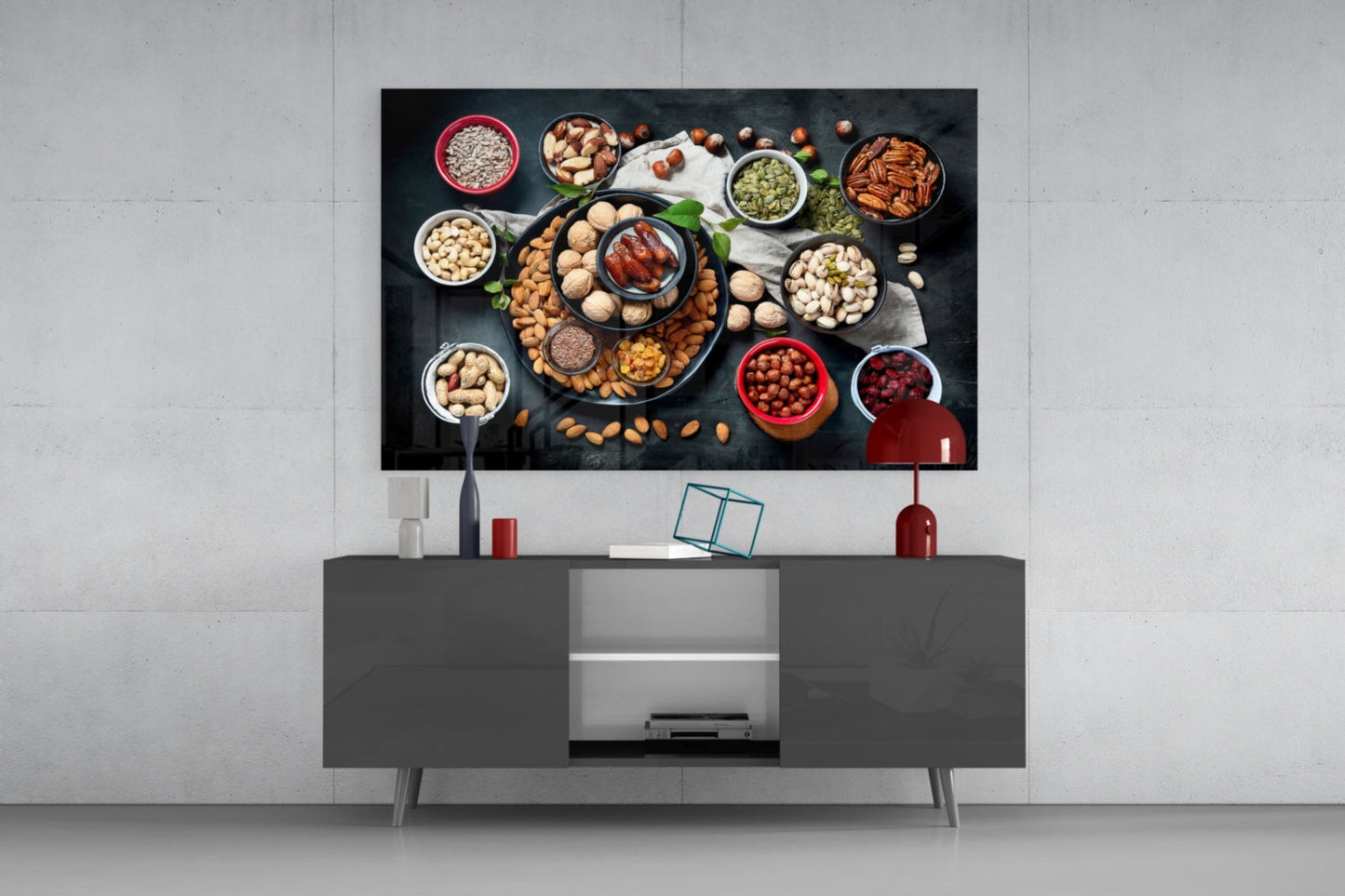 Flat Lay Mixed Nuts Bowls on Slate Glass Wall Art