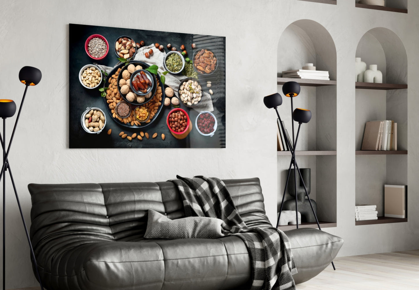 Flat Lay Mixed Nuts Bowls on Slate Glass Wall Art