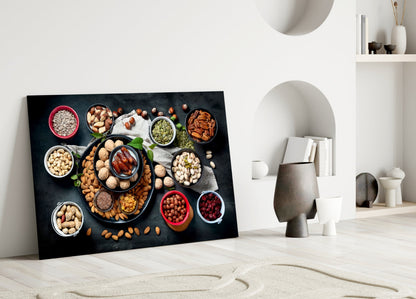Flat Lay Mixed Nuts Bowls on Slate Glass Wall Art