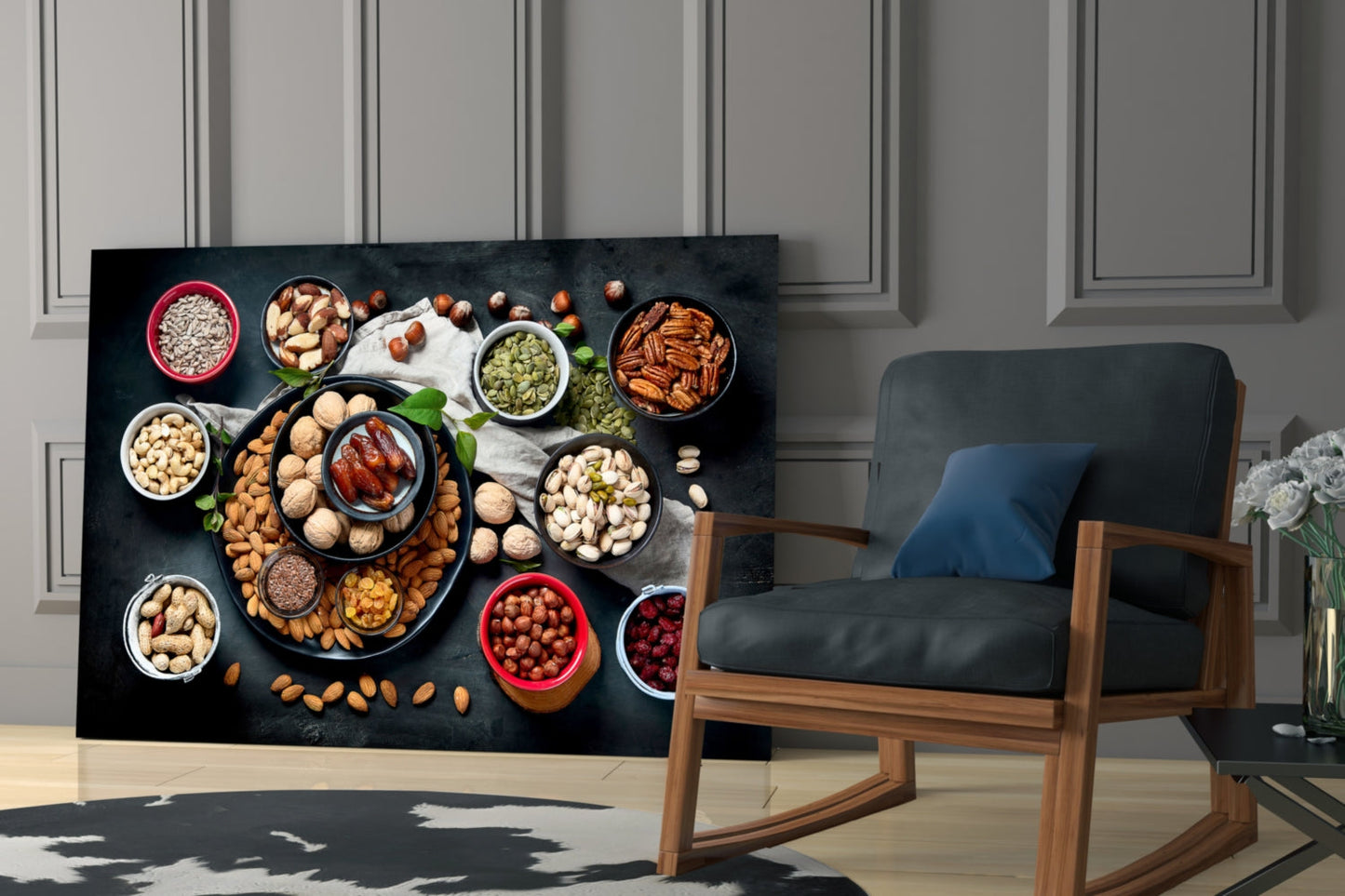 Flat Lay Mixed Nuts Bowls on Slate Glass Wall Art