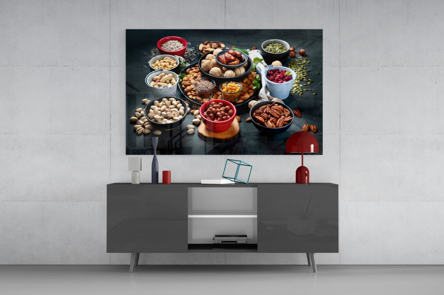Assorted Nuts and Pistachios Dark Table Glass Wall Art