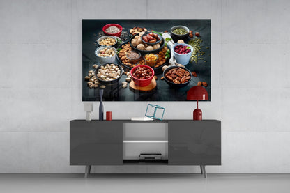 Assorted Nuts and Pistachios Dark Table Glass Wall Art