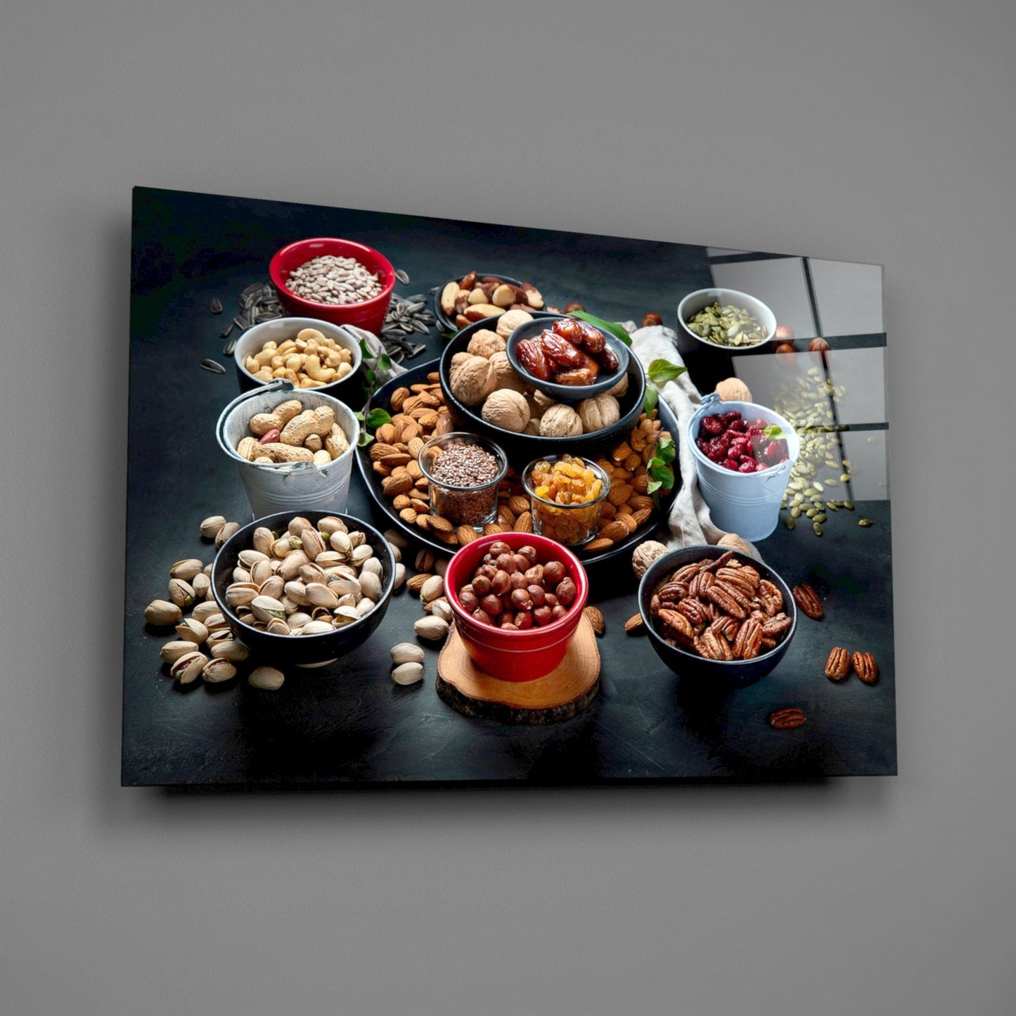 Assorted Nuts and Pistachios Dark Table Glass Wall Art