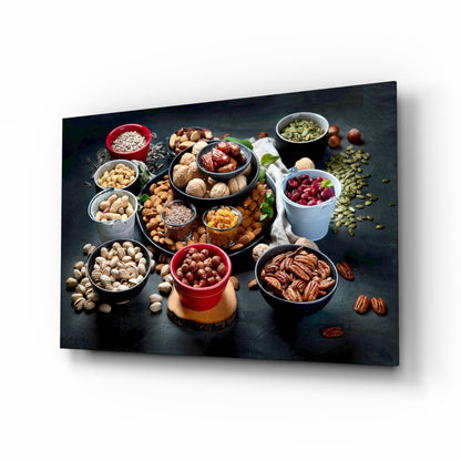 Assorted Nuts and Pistachios Dark Table Glass Wall Art