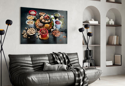 Assorted Nuts and Pistachios Dark Table Glass Wall Art