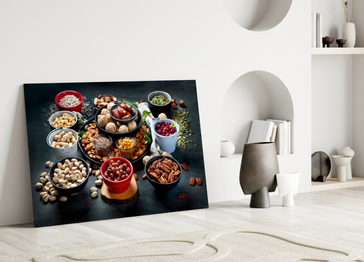 Assorted Nuts and Pistachios Dark Table Glass Wall Art