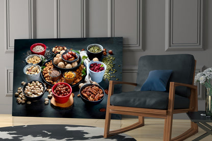 Assorted Nuts and Pistachios Dark Table Glass Wall Art