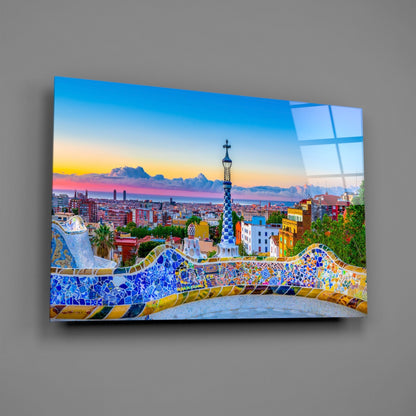 Mosaic Terrace Barcelona Sunset Skyline Glass Wall Art