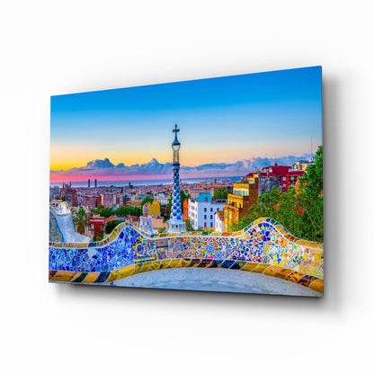 Mosaic Terrace Barcelona Sunset Skyline Glass Wall Art