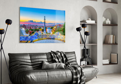 Mosaic Terrace Barcelona Sunset Skyline Glass Wall Art