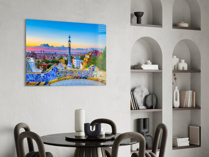 Mosaic Terrace Barcelona Sunset Skyline Glass Wall Art