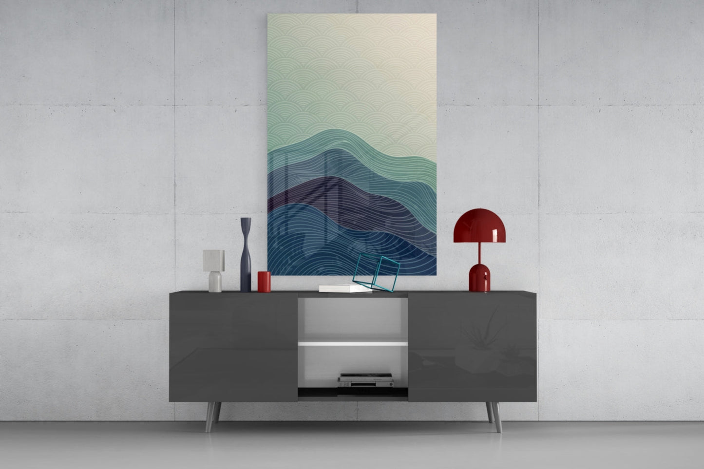 Line Art Waves Blue Teal Glass Wall Art