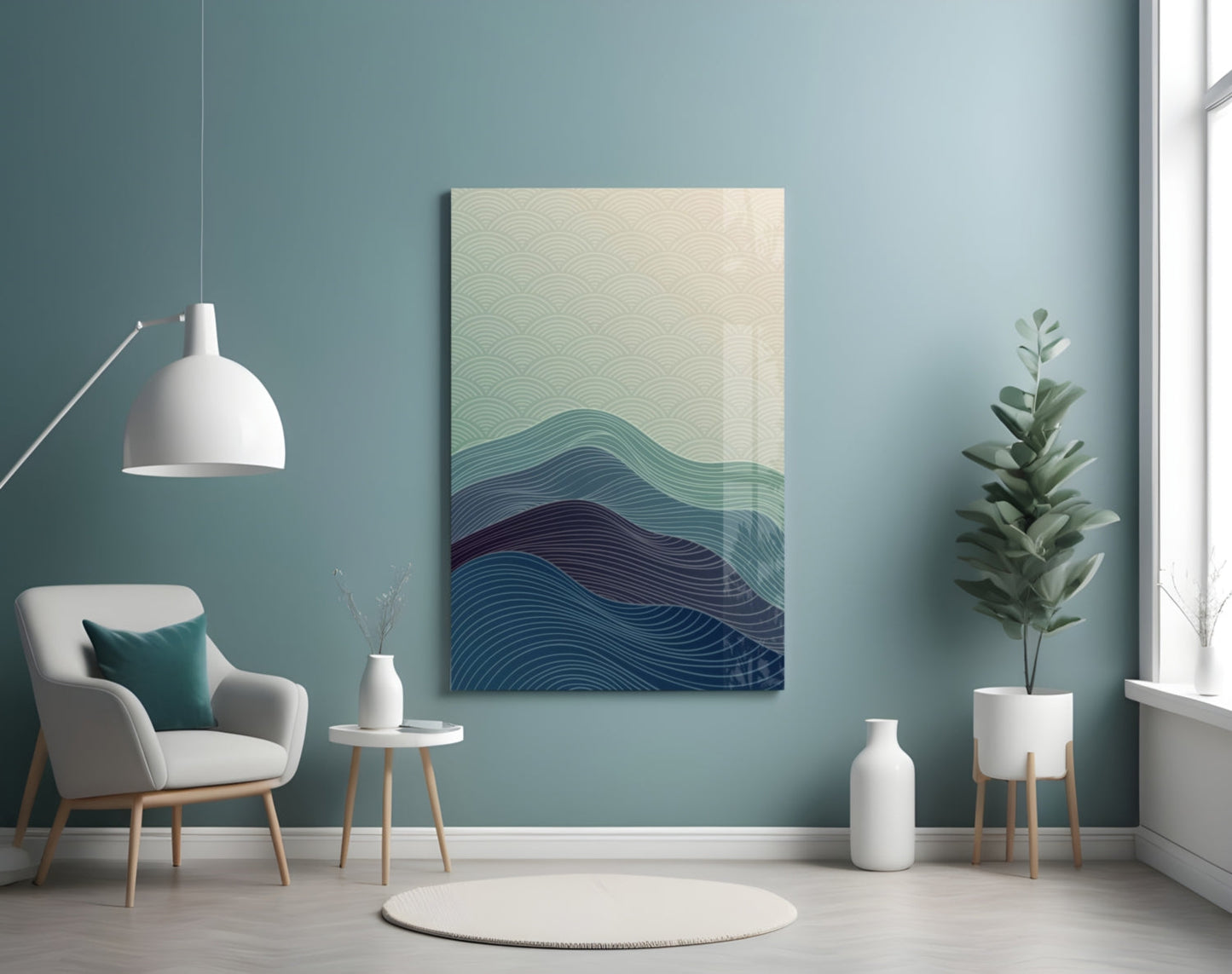 Line Art Waves Blue Teal Glass Wall Art
