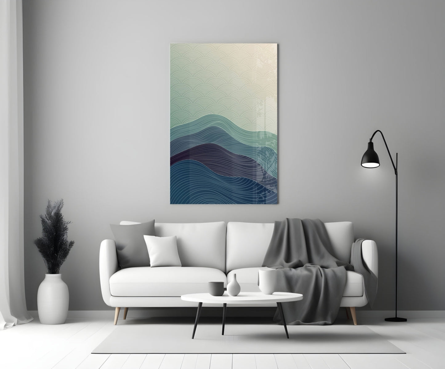Line Art Waves Blue Teal Glass Wall Art