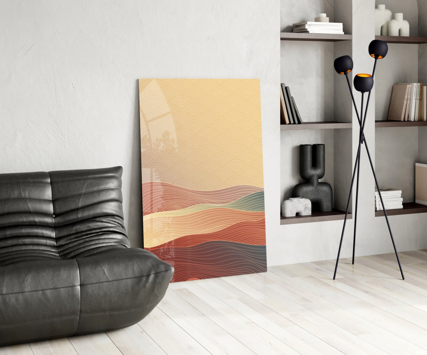 Line Art Waves Terracotta Glass Wall Art