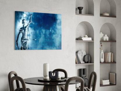Glass wall art featuring Lady Justice statue holding scales against blue cloudy background, displayed above round black table with gray chairs.