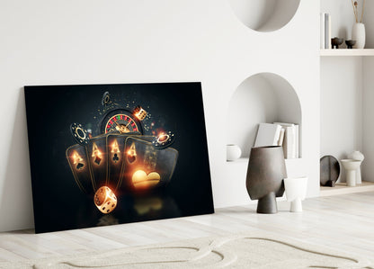 Roulette Wheel Chips And Four Aces Glass Wall Art