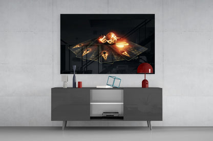 Fanned Four Aces With Flaming Dice Glass Wall Art