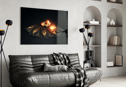 Fanned Four Aces With Flaming Dice Glass Wall Art