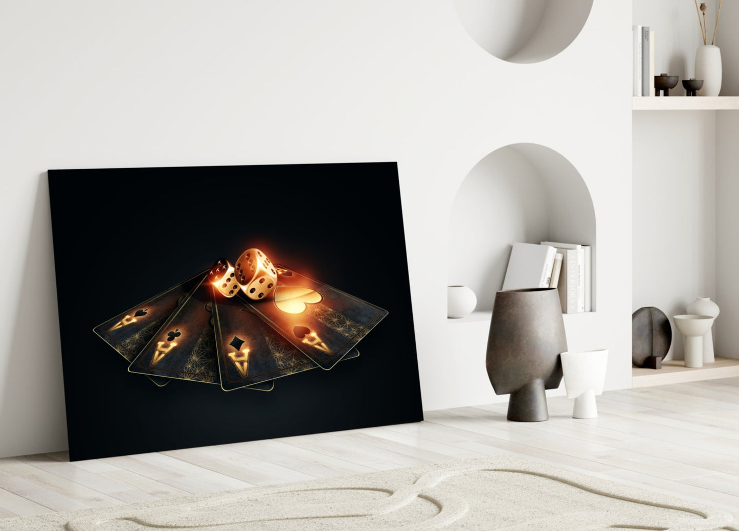 Fanned Four Aces With Flaming Dice Glass Wall Art