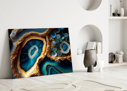 Teal Gold Agate Geode Glass Wall Art